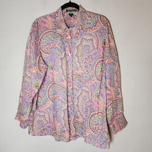 Ralph Lauren 100% Linen Purple Paisley Floral Long Sleeve Button Up Shirt 2X